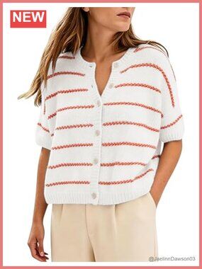 Striped Short Sleeve Cardigan Lightweight Summer Knit Sweater Top